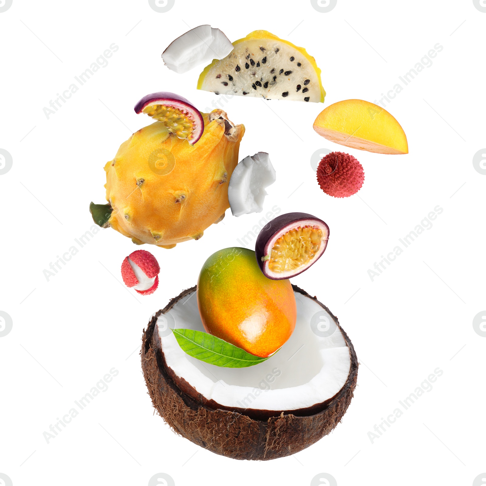 Image of Coconut, dragonfruit, mango, lychees and maracuja in air on white background. Tropical fruits