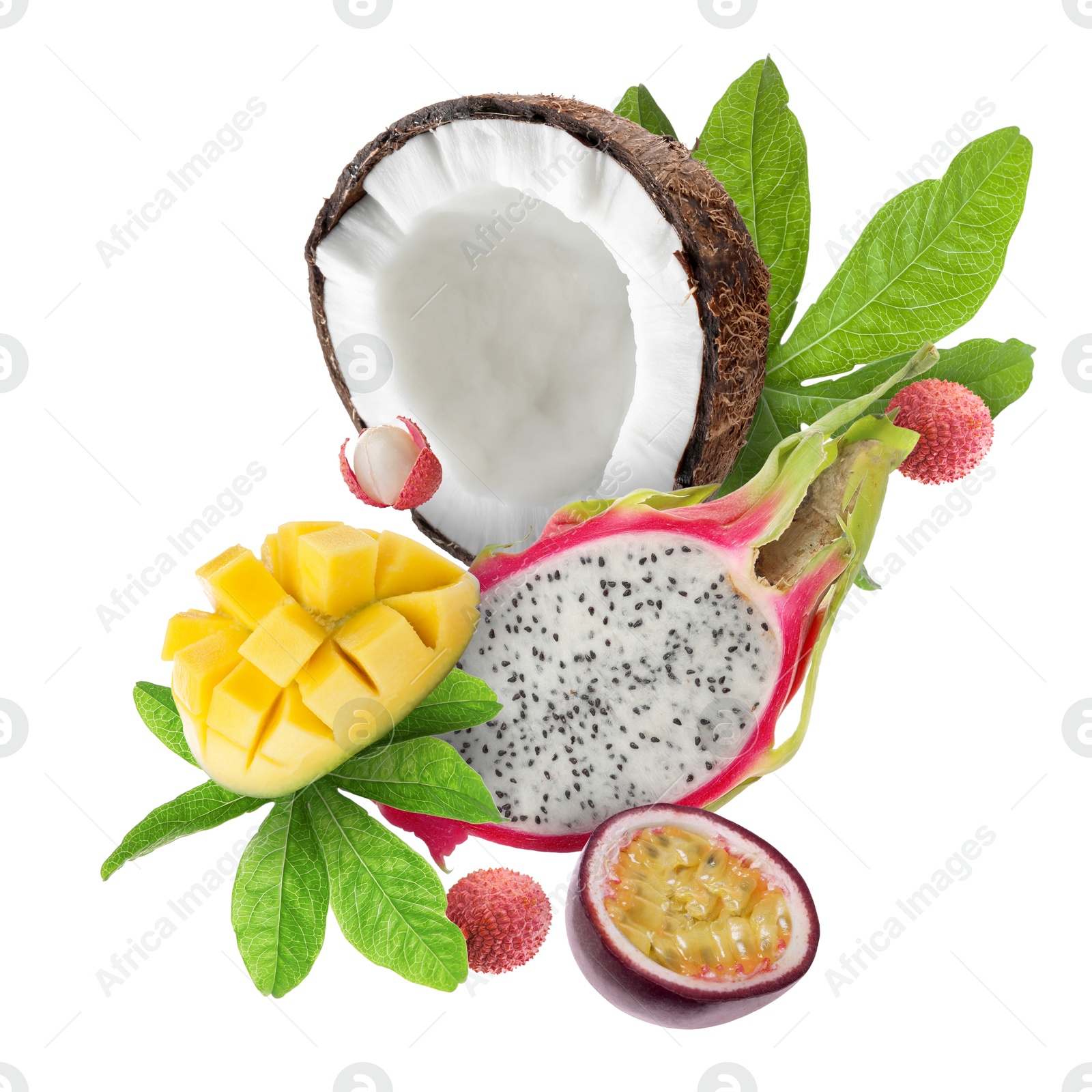 Image of Coconut, dragonfruit, mango, lychees and maracuja in air on white background. Tropical fruits