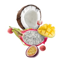 Image of Coconut, dragonfruit, mango, lychees and maracujas in air on white background. Tropical fruits