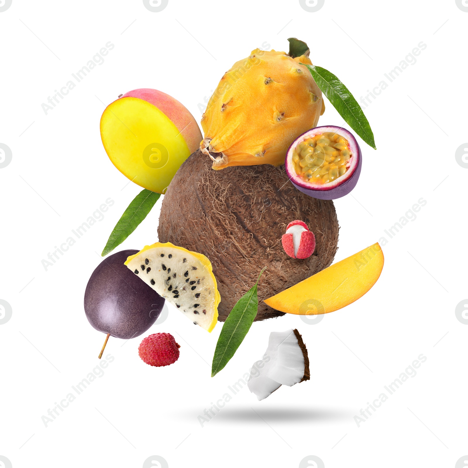 Image of Coconut, dragonfruit, mango, lychees and maracujas falling on white background. Tropical fruits