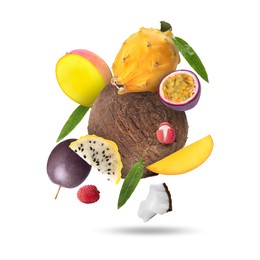 Image of Coconut, dragonfruit, mango, lychees and maracujas falling on white background. Tropical fruits