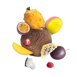 Image of Coconut, dragonfruit, mango, lychees and maracujas in air on white background. Tropical fruits