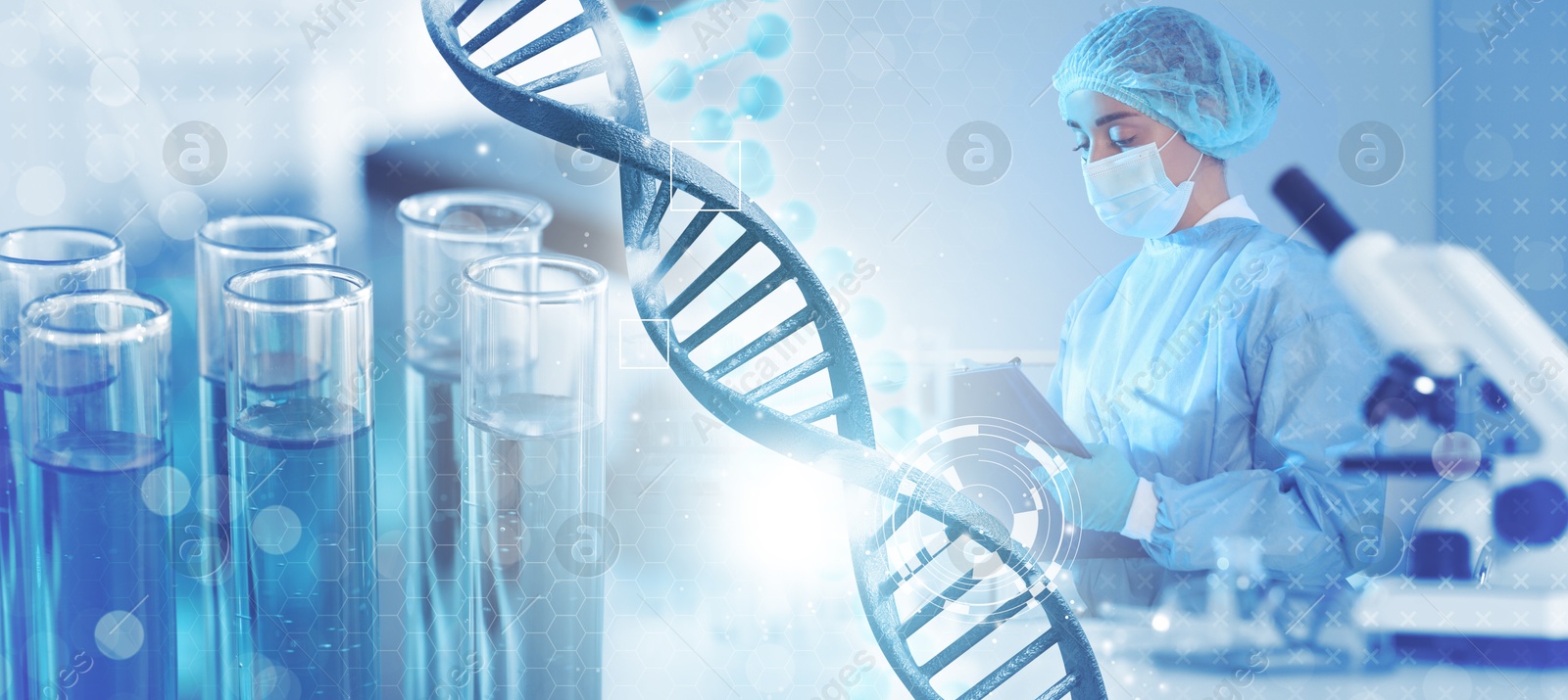 Image of Scientist working in lab, test tubes and DNA, multiple exposure. Laboratory analysis. Banner design