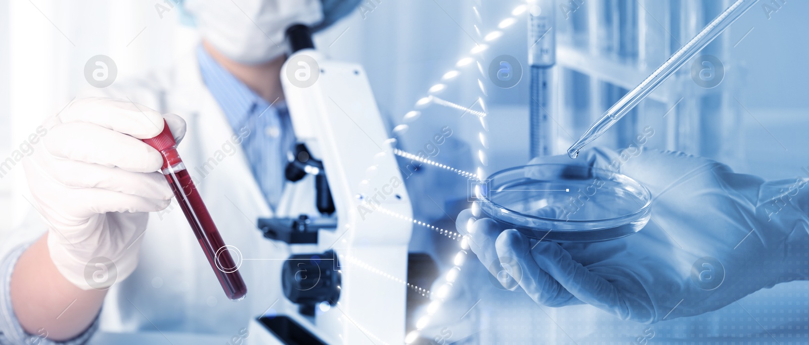 Image of Scientists working in lab and DNA, multiple exposure. Laboratory analysis. Banner design