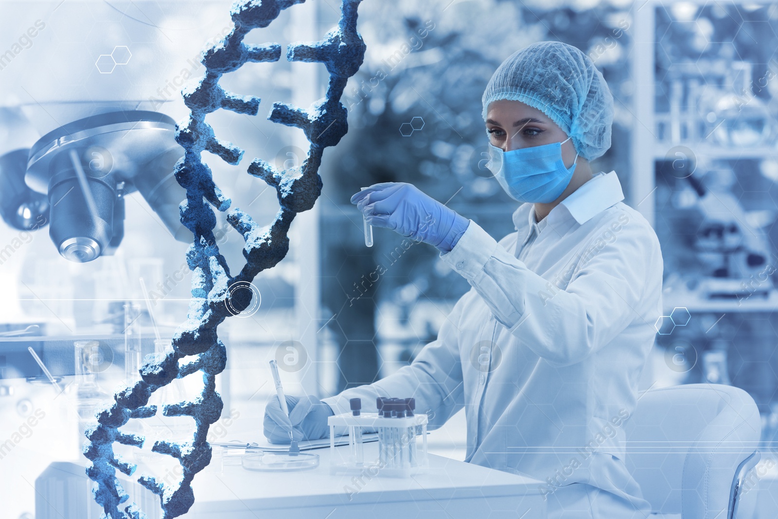 Image of Scientist working in lab, microscope and DNA, multiple exposure. Laboratory analysis