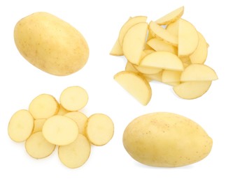 Image of Fresh potatoes isolated on white, set. Different types of cuts and whole