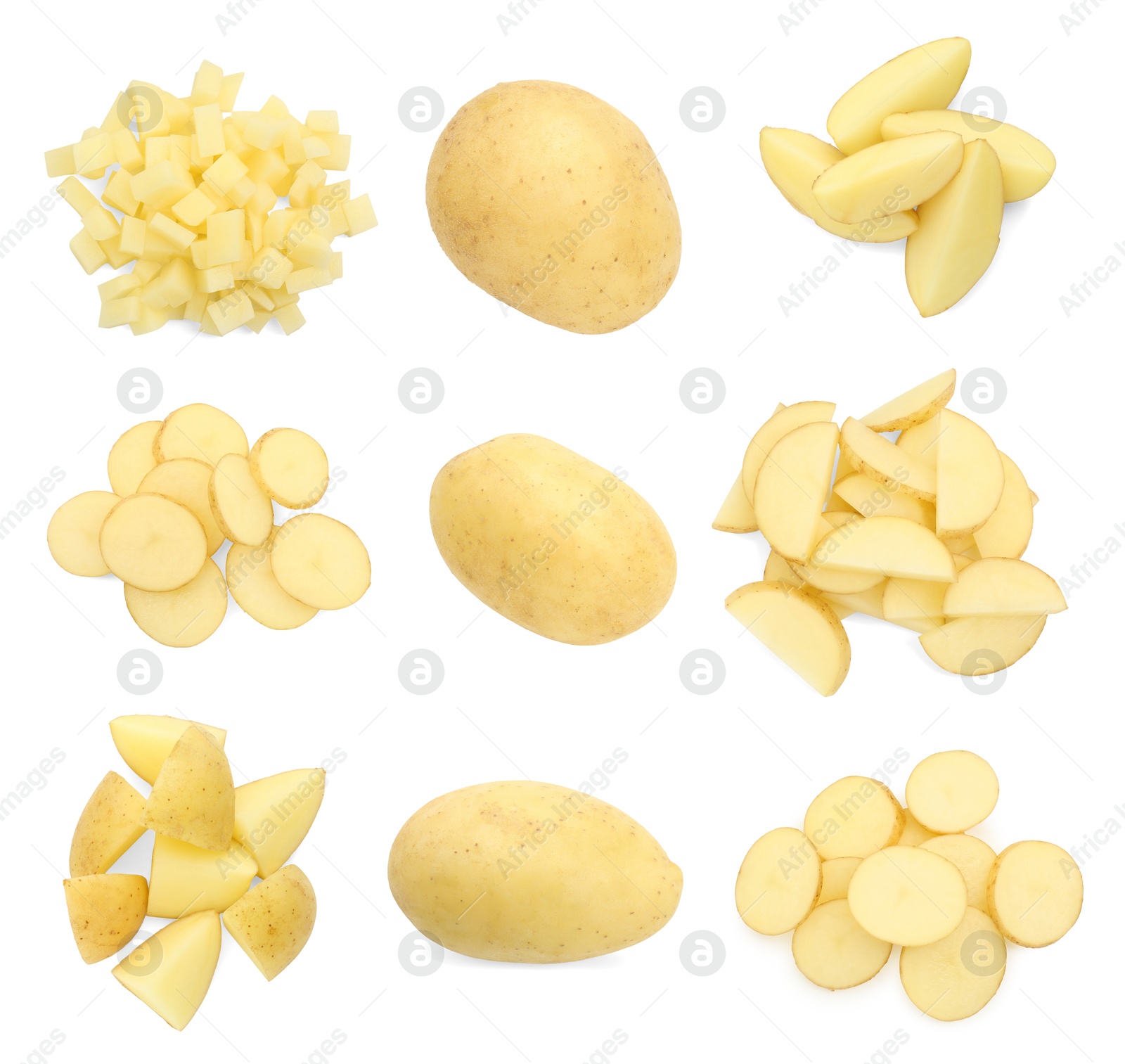 Image of Fresh potatoes isolated on white, set. Different types of cuts and whole