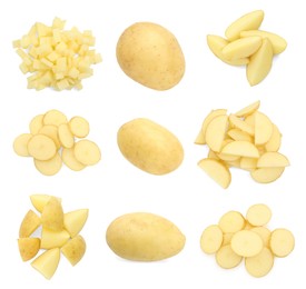 Image of Fresh potatoes isolated on white, set. Different types of cuts and whole