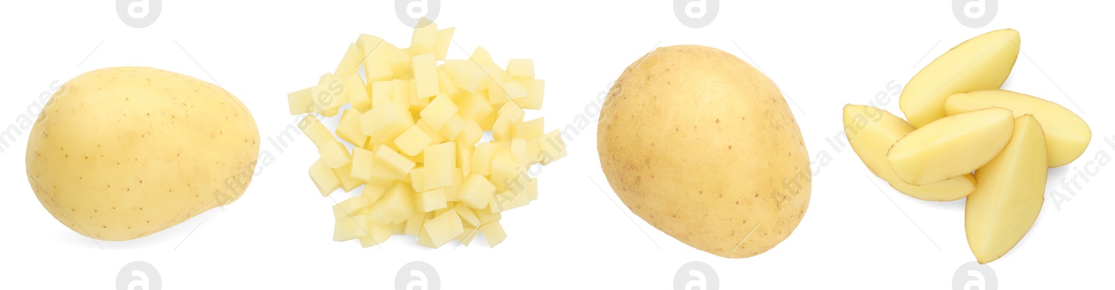 Image of Fresh potatoes isolated on white, set. Different types of cuts and whole