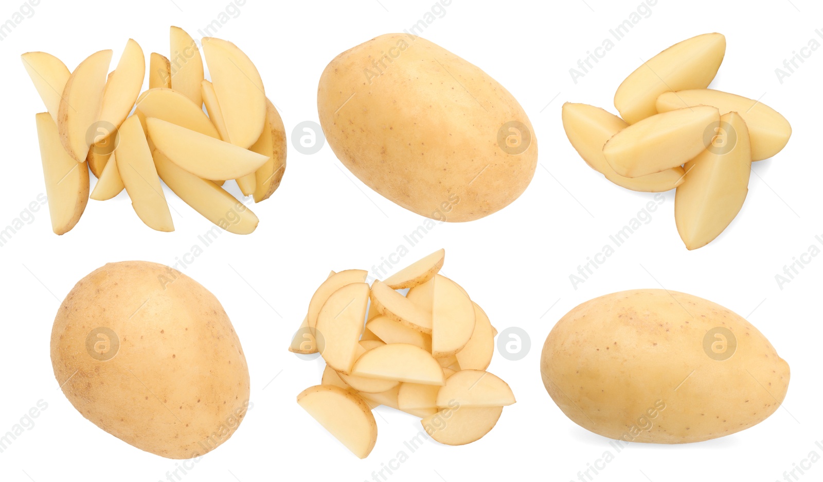 Image of Fresh potatoes isolated on white, set. Different types of cuts and whole