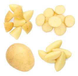 Image of Fresh potatoes isolated on white, set. Different types of cuts and whole