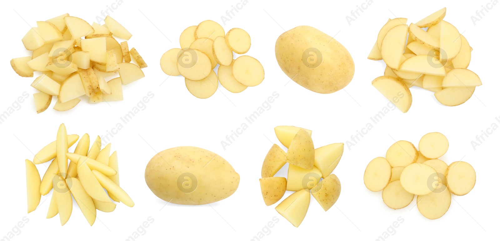 Image of Fresh potatoes isolated on white, set. Different types of cuts and whole