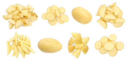 Image of Fresh potatoes isolated on white, set. Different types of cuts and whole