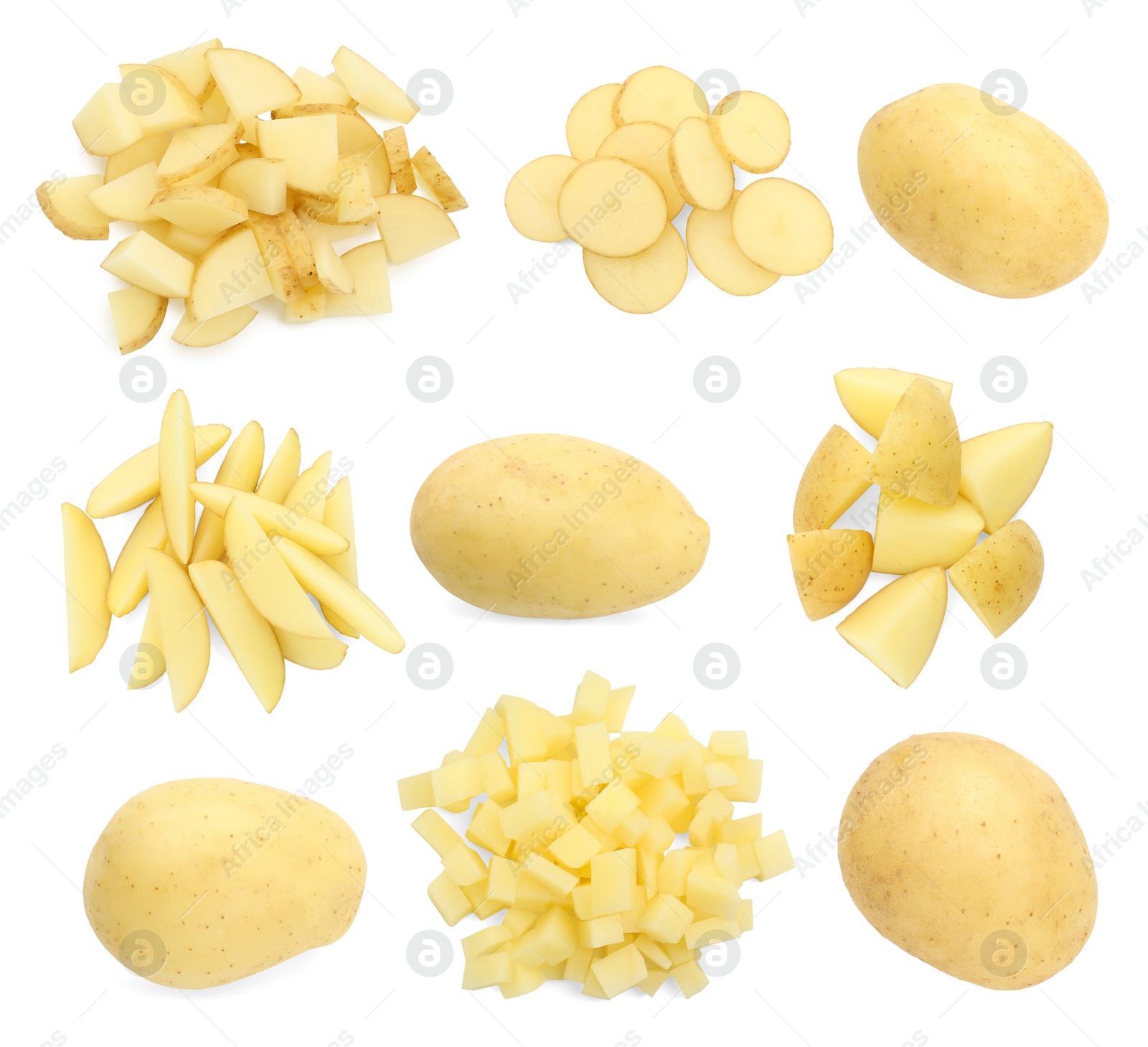 Image of Fresh potatoes isolated on white, set. Different types of cuts and whole