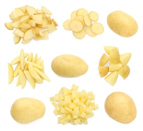 Image of Fresh potatoes isolated on white, set. Different types of cuts and whole