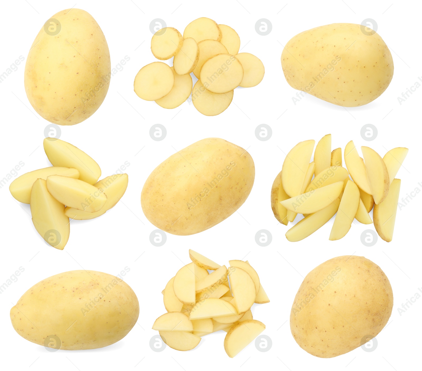 Image of Fresh potatoes isolated on white, set. Different types of cuts and whole