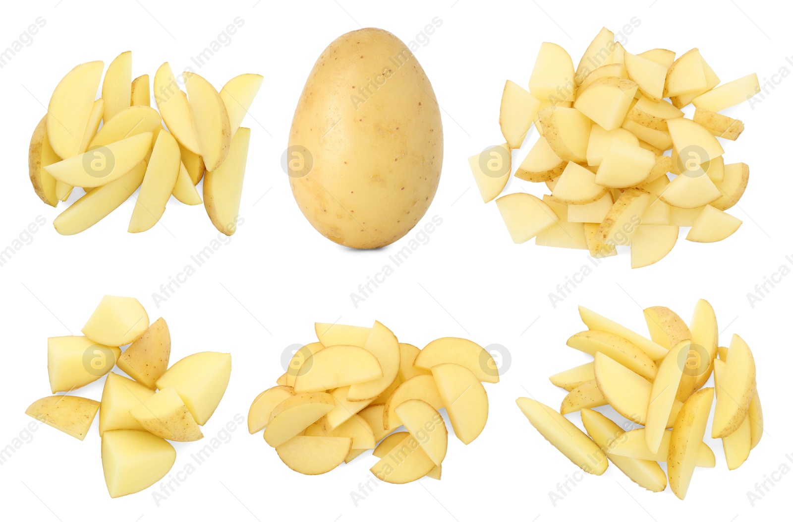 Image of Fresh potatoes isolated on white, set. Different types of cuts and whole