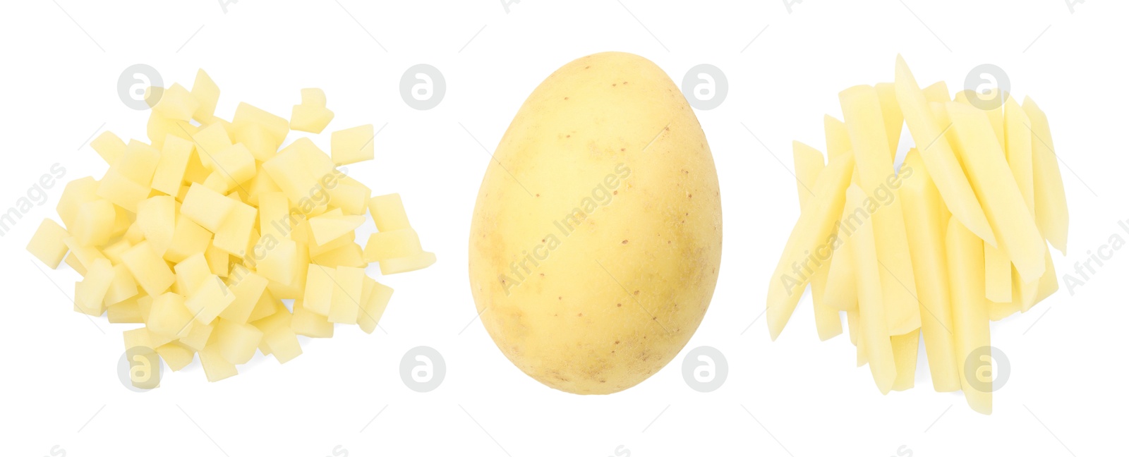 Image of Fresh potatoes isolated on white, set. Different types of cuts and whole