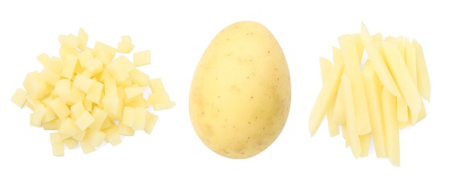 Image of Fresh potatoes isolated on white, set. Different types of cuts and whole