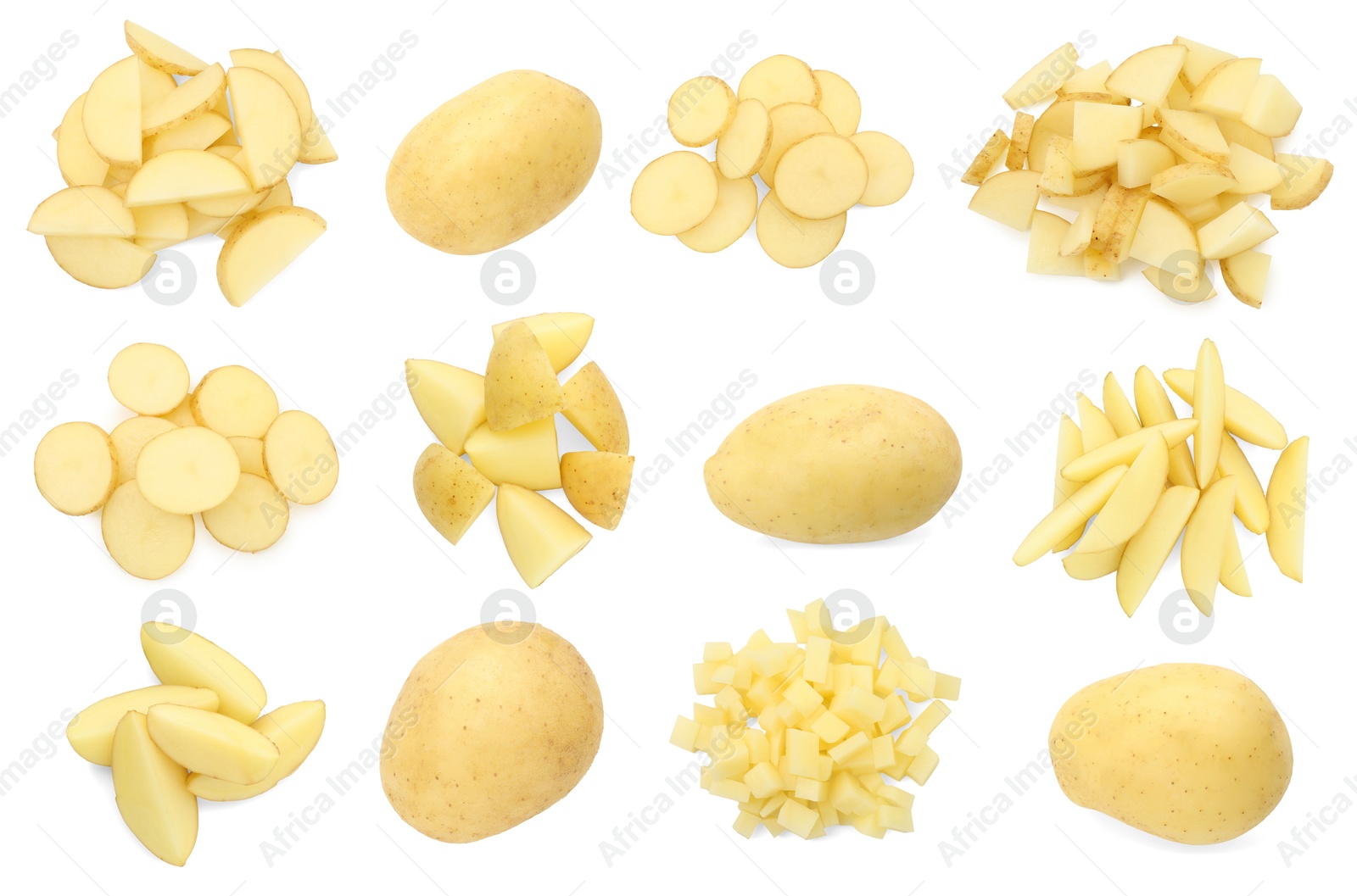 Image of Fresh potatoes isolated on white, set. Different types of cuts and whole