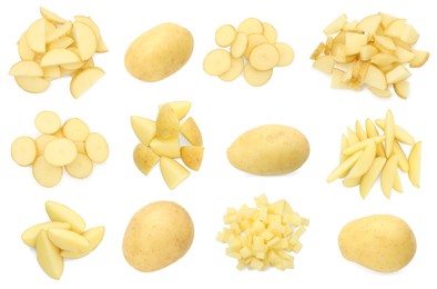 Image of Fresh potatoes isolated on white, set. Different types of cuts and whole