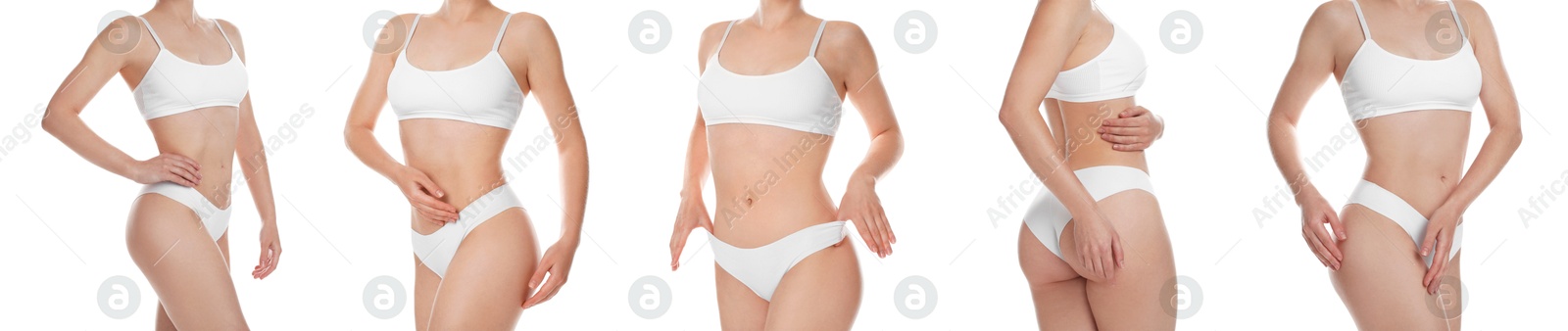 Image of Woman showing her perfect body on white background, closeup. Collection of photos