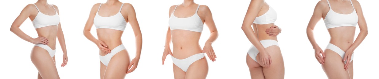 Woman showing her perfect body on white background, closeup. Collection of photos