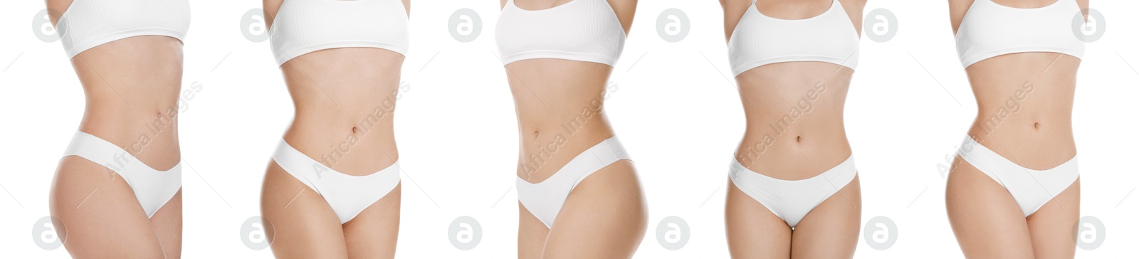 Image of Woman showing her perfect body on white background, closeup. Collection of photos