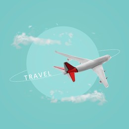 Image of Airplane with dashed line on turquoise background. Time to travel