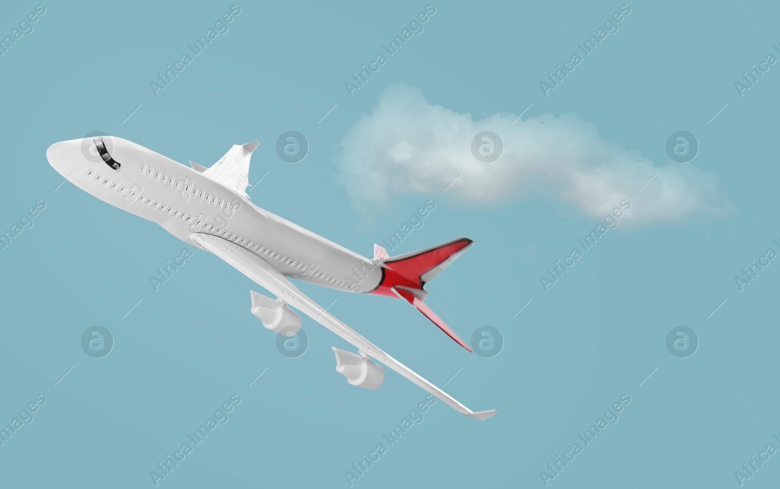 Image of Airplane on turquoise background with clouds. Time to travel