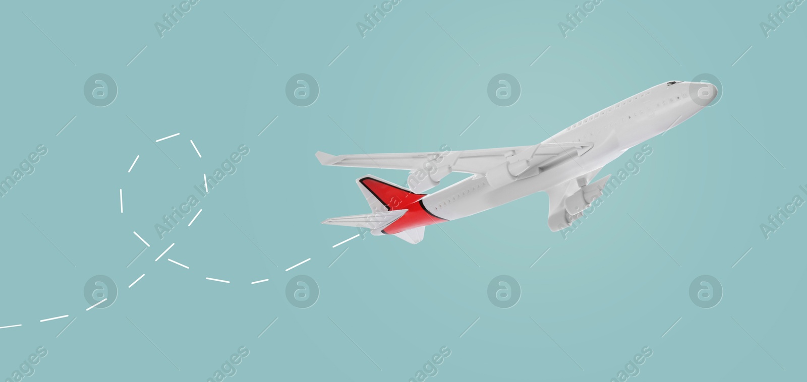 Image of Airplane with dashed line on turquoise background, banner design. Time to travel