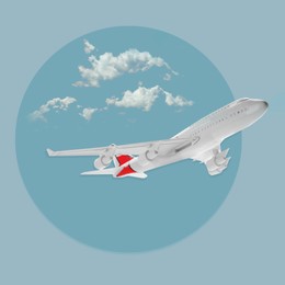 Image of Airplane on light blue background with clouds. Time to travel