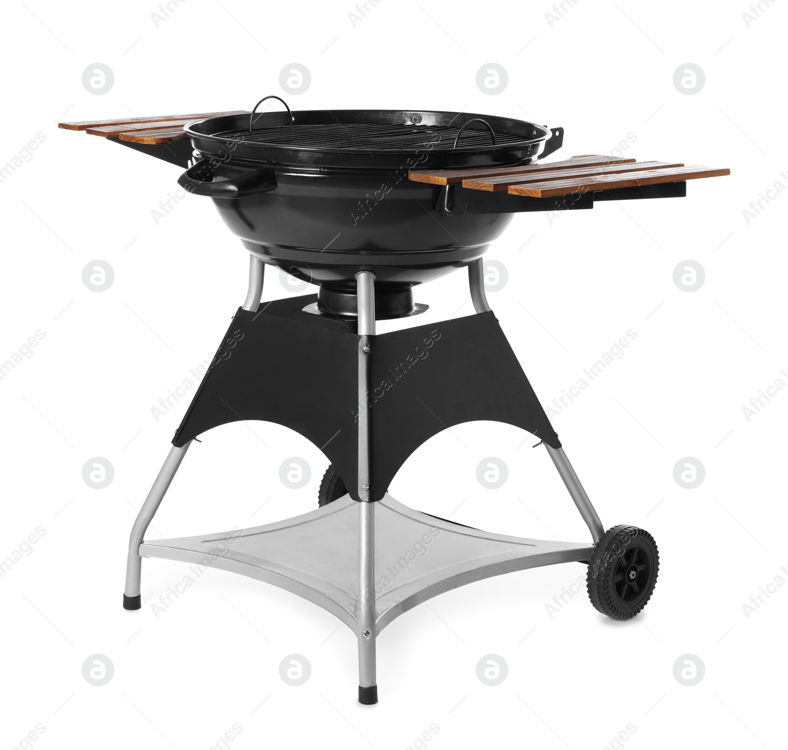 Photo of One black barbeque grill isolated on white. Cooking appliance