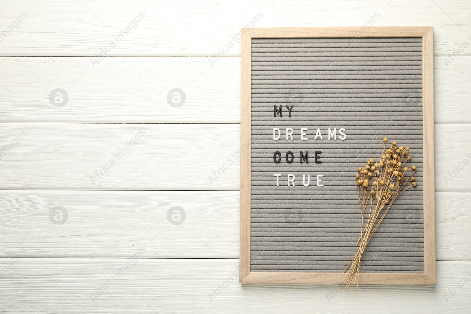 Photo of Letter board with phrase My Dreams Come True and dry plants on white wooden table, top view. Space for text