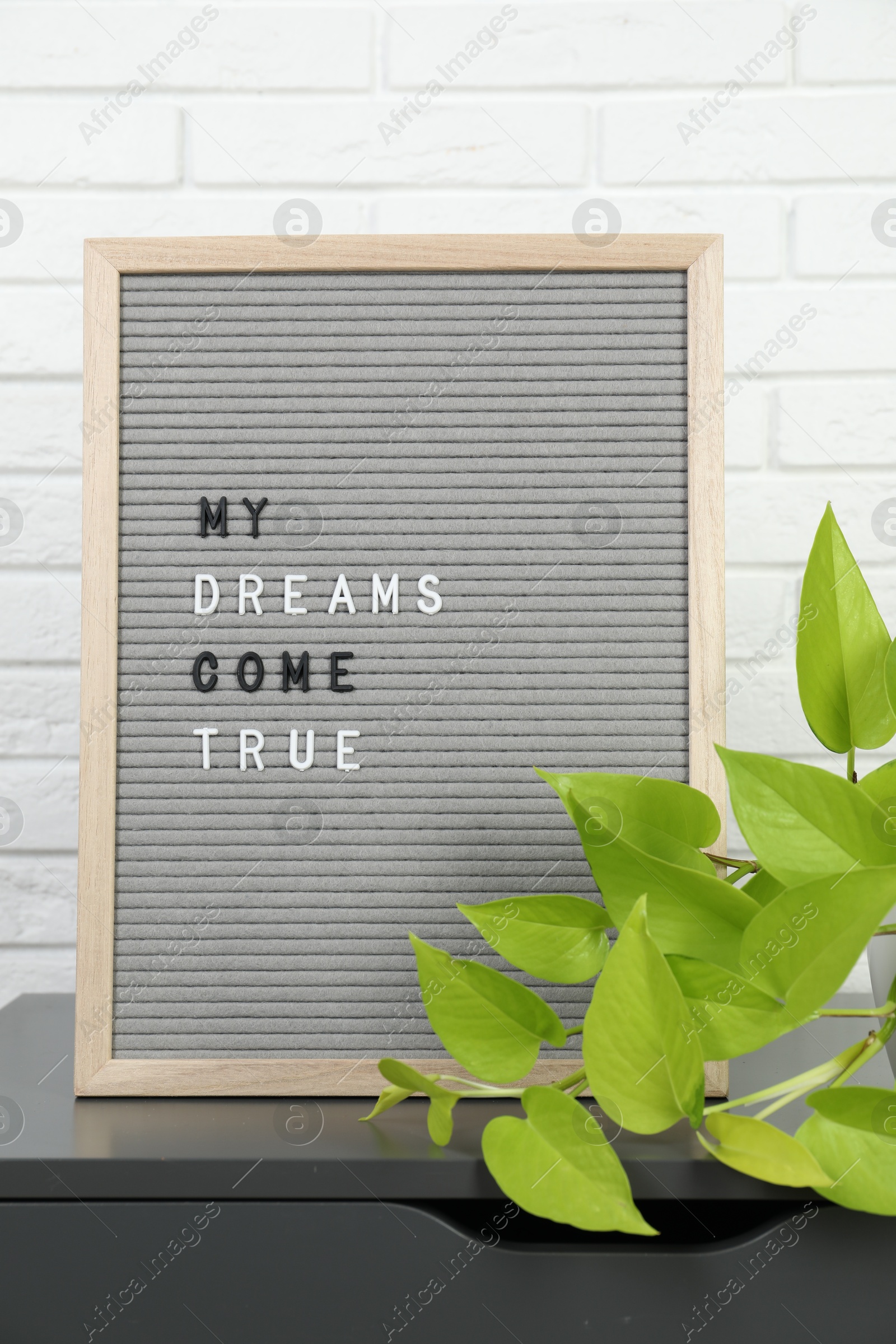 Photo of Letter board with phrase My Dreams Come True and plant on side table near white brick wall