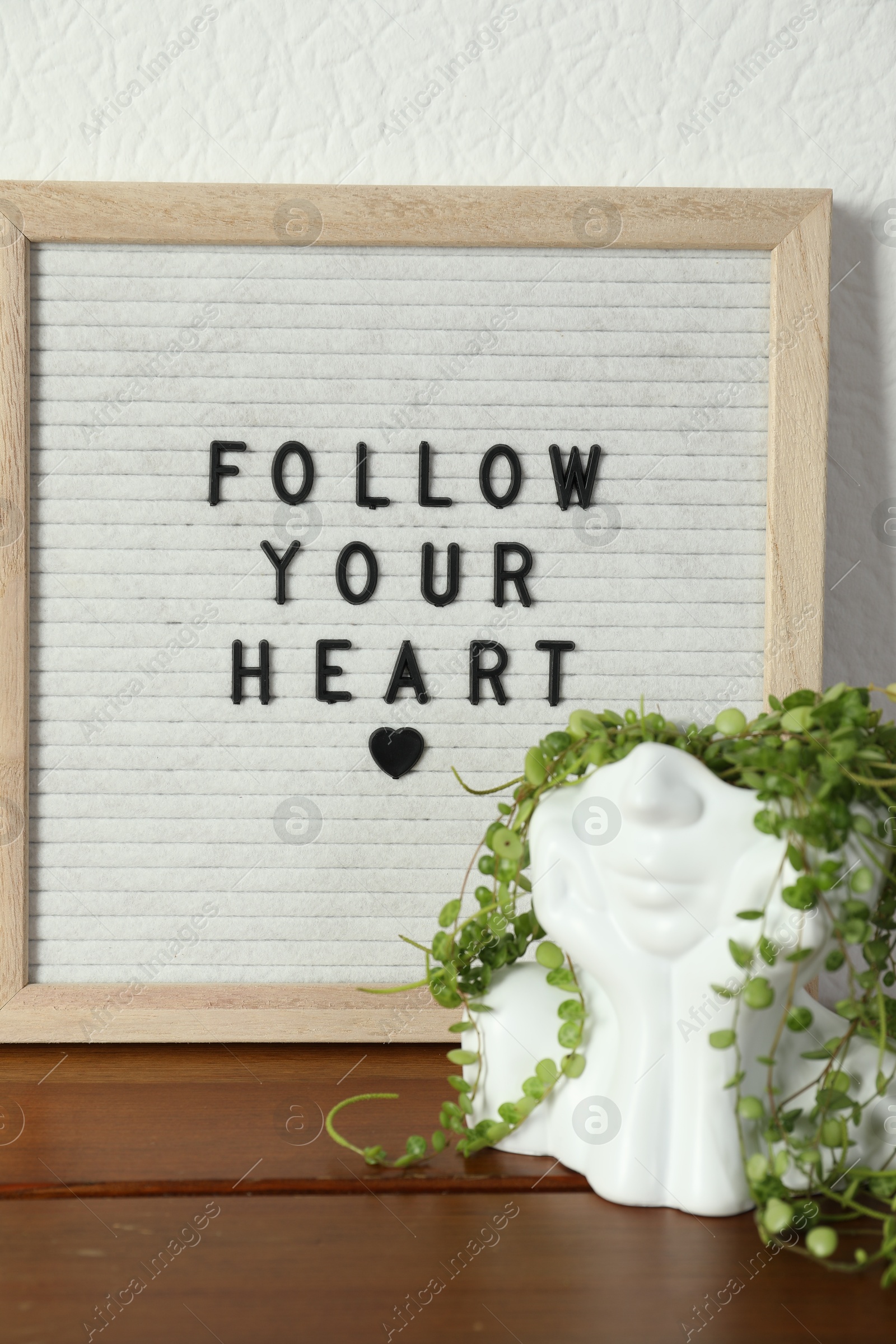 Photo of Letter board with phrase Follow Your Heart and plant on wooden table