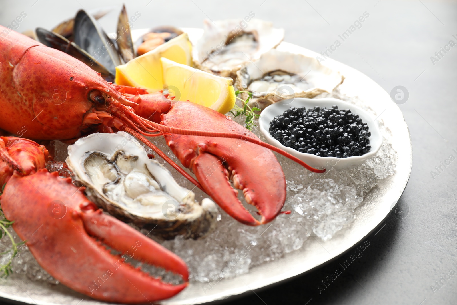 Photo of Different sea food on grey table, closeup