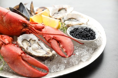 Different sea food on grey table, closeup