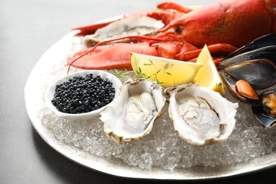 Photo of Different sea food on grey table, closeup