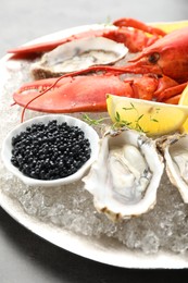 Different sea food on grey table, closeup