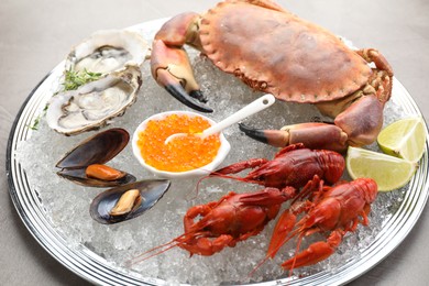 Many different sea food on table, closeup