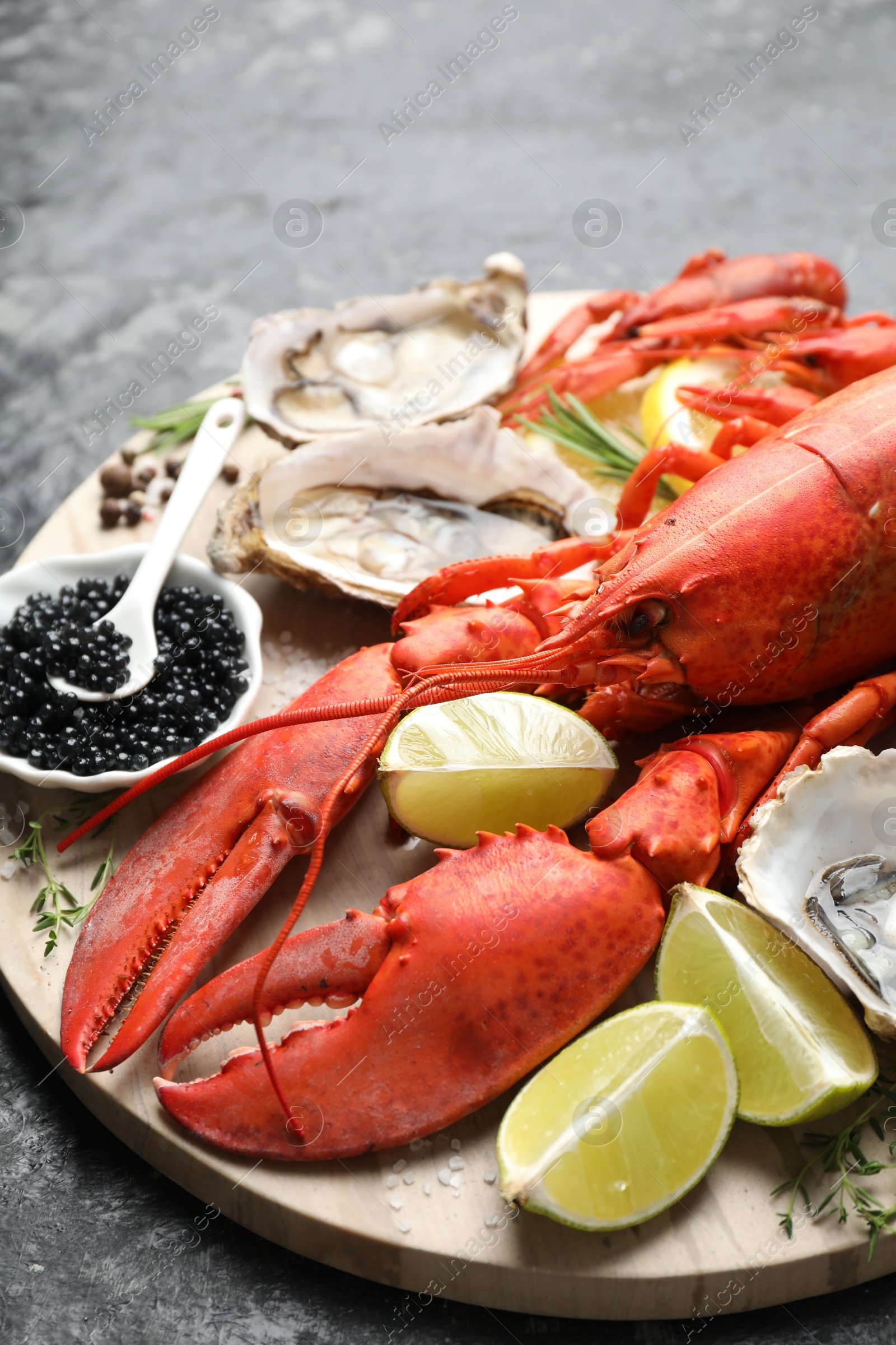 Photo of Many different sea food on dark table, closeup