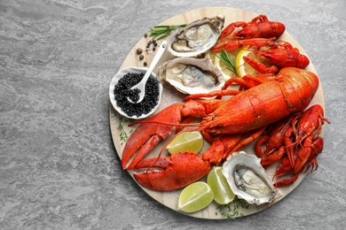 Photo of Many different sea food on grey table, top view