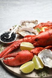 Many different sea food on grey table, closeup