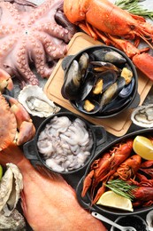 Photo of Many different sea food on table, top view