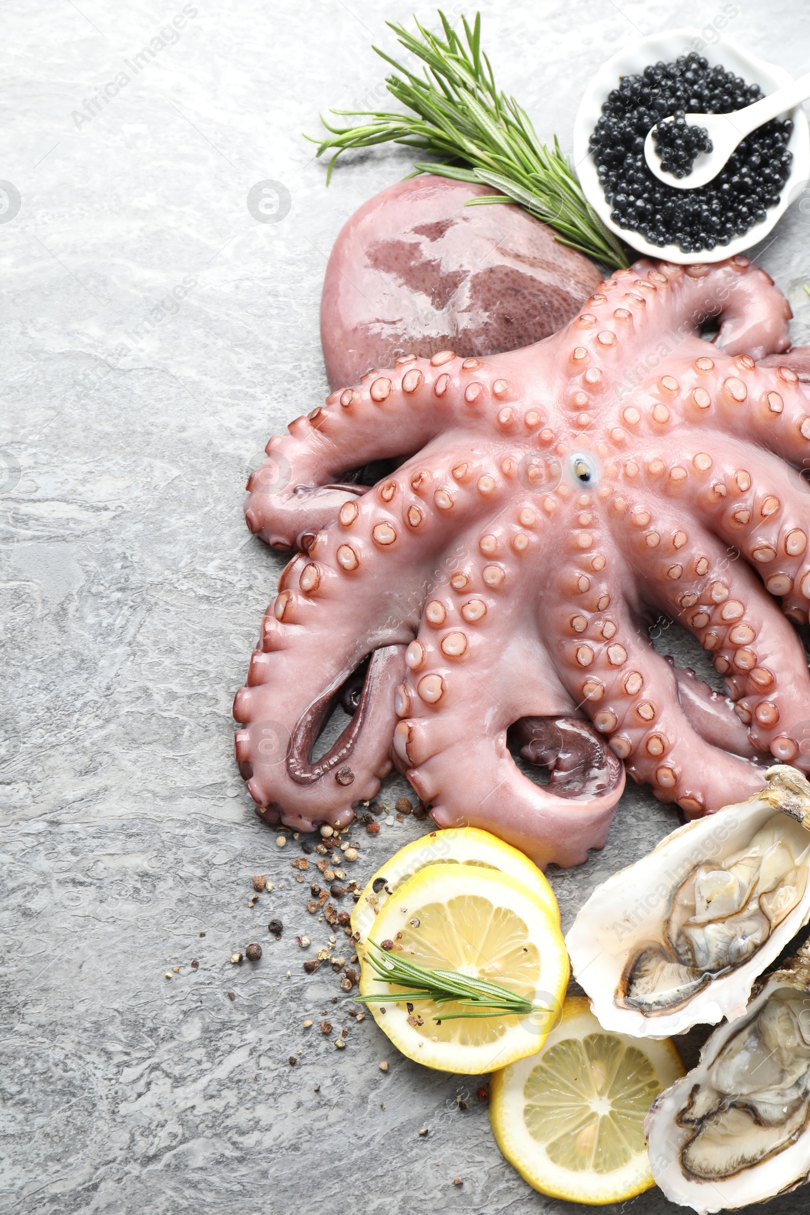 Photo of Oysters, octopus, black caviar and spices on grey table, top view. Sea food