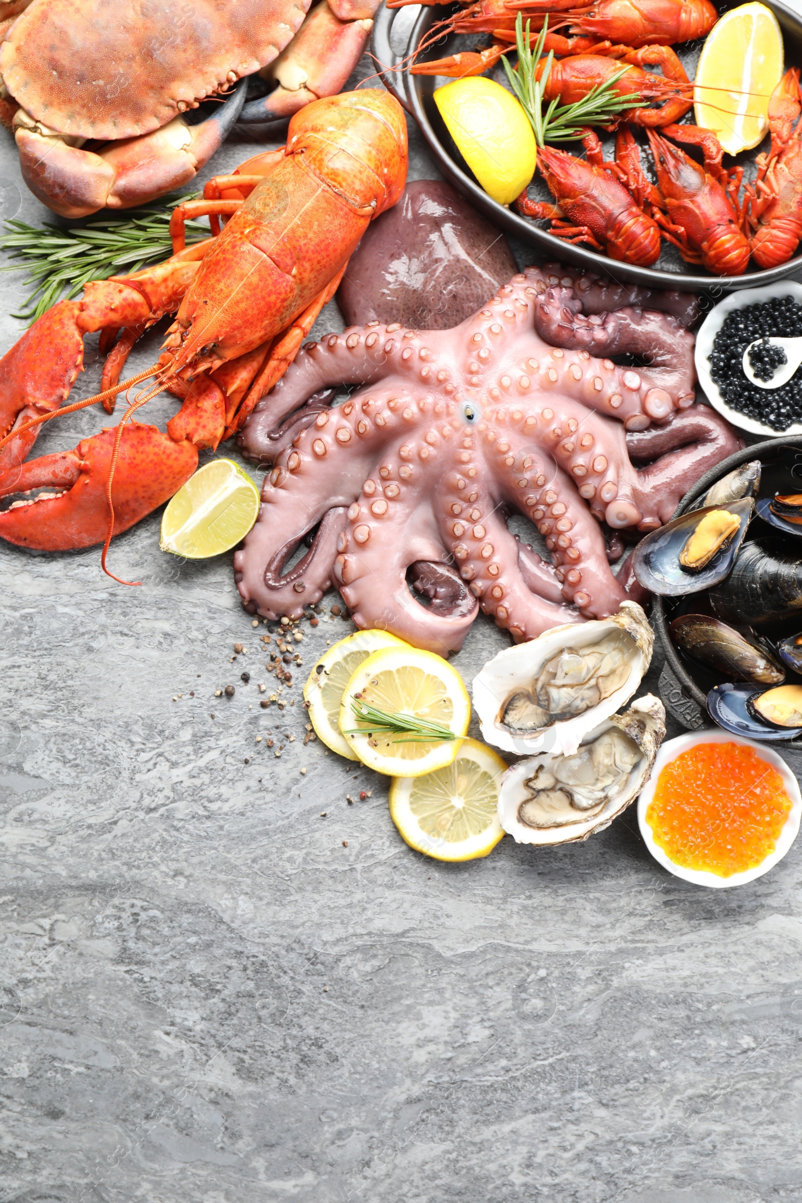 Photo of Many different sea food on grey table, top view