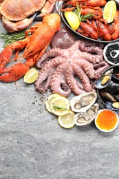 Many different sea food on grey table, top view