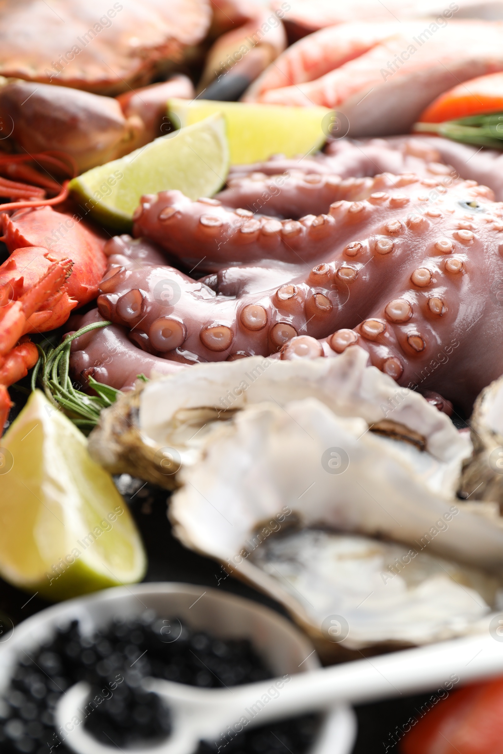 Photo of Many different sea food as background, closeup