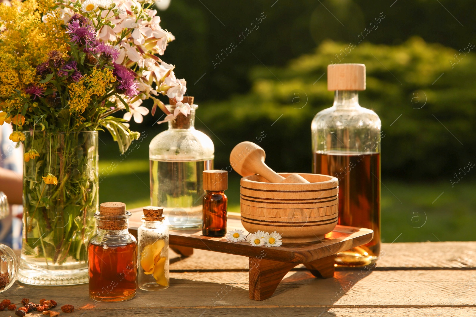 Photo of Different tinctures in bottles, ingredients, mortar and pestle on wooden table outdoors